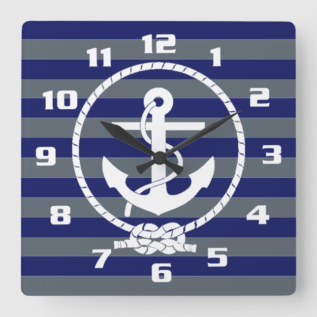 Stylish Nautical Anchor and Blue Stripe Pattern Square Wall Clock (Front)