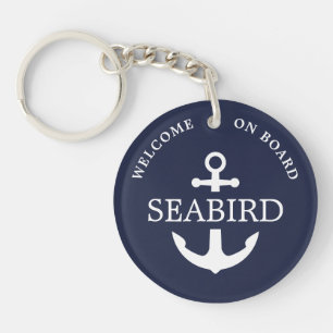 Stylish Nautical Anchor Navy Blue Custom Boat Name Keychain