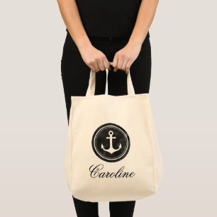 Stylish Nautical Black Anchor Your Name Tote Bag