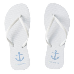 Stylish Nautical Blue Anchor Custom Name Flip Flops