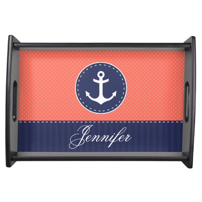 Stylish Nautical Blue Coral Anchor Personalized Serving Tray (Front)