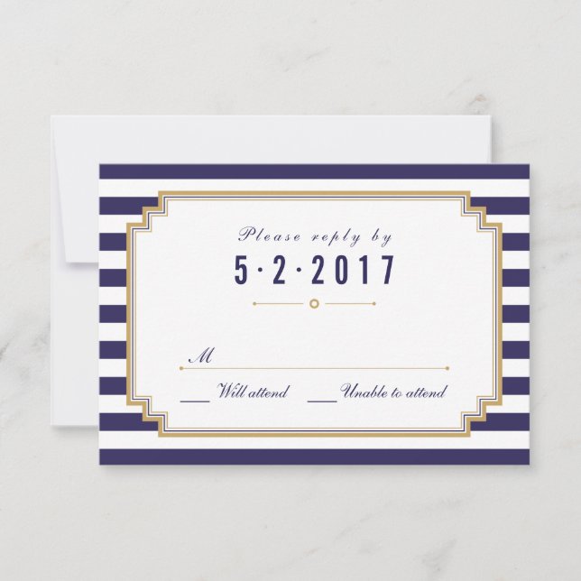 Stylish Nautical Blue White Wedding RSVP Card (Front)