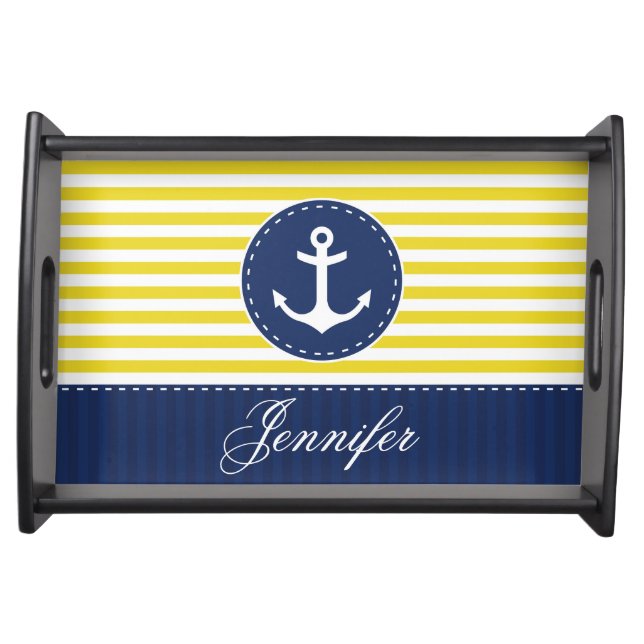 Stylish Nautical Blue Yellow Anchor Personalized Serving Tray (Front)