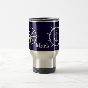 Stylish Nautical Compass and Ship Wheel Monogram Travel Mug