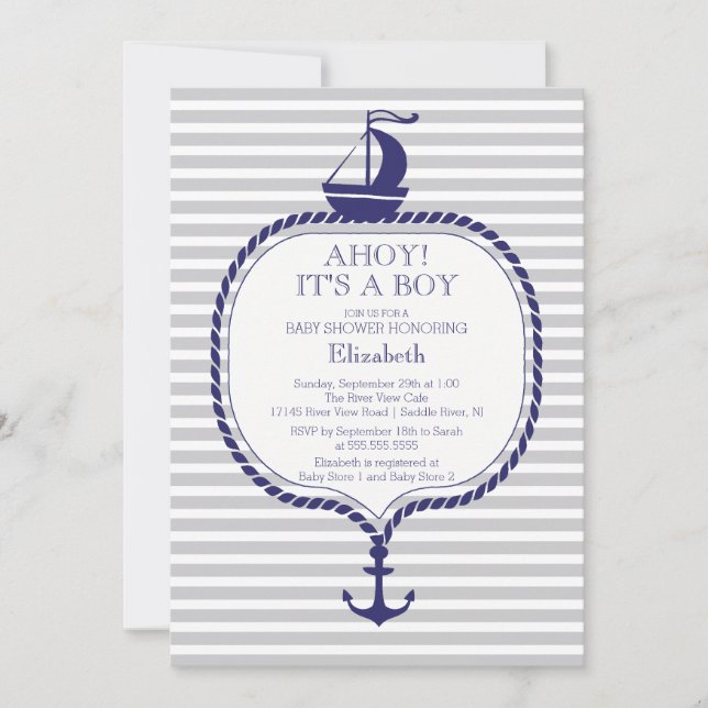 Stylish Nautical Gray Blue Sailboat Baby Shower Invitation (Front)