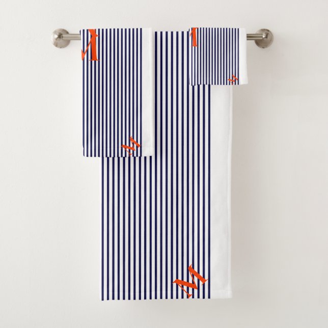 Stylish Nautical Navy And White Vertical Striped  Bath Towel Set (Insitu)