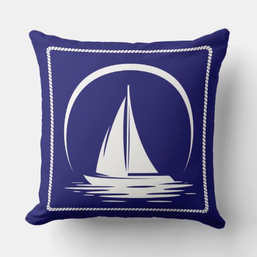 Stylish Nautical Navy Blue and White sailing boat Throw Pillow