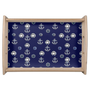 Stylish Nautical Navy Blue and White  Serving Tray