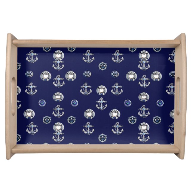 Stylish Nautical Navy Blue and White  Serving Tray (Front)