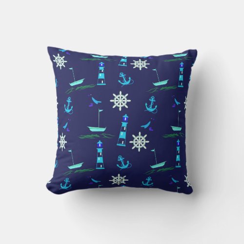 Stylish Nautical Pattern  Navy Blue Outdoor Pillow