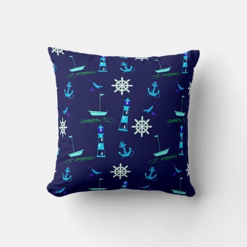 Stylish Nautical Pattern  Navy Blue Throw Pillow