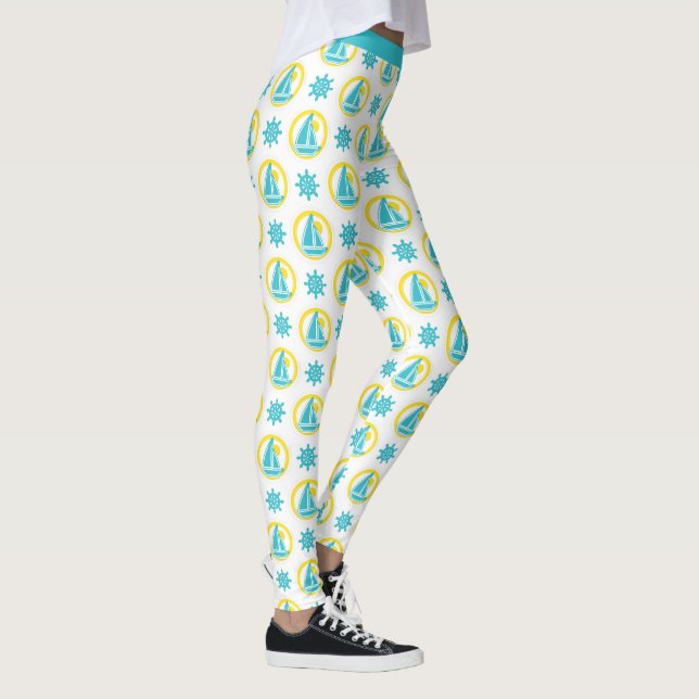 Stylish Nautical Sailboat Blue Yellow Yoga Leggings (Right)