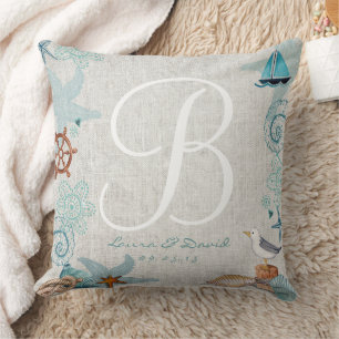 Stylish Nautical sand & blue summer Beach Wedding Throw Pillow