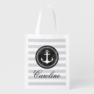 Stylish Nautical Striped Pattern Anchor Grocery Bag