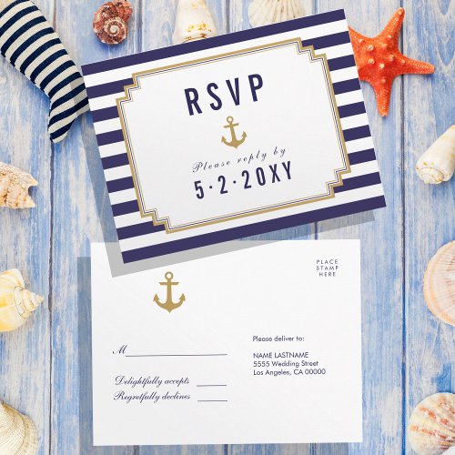 Stylish Nautical Striped Response RSVP Postcard