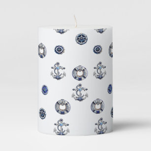 Stylish Nautical White and Blue  Pillar Candle