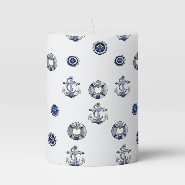 Stylish Nautical White and Blue  Pillar Candle (Front)