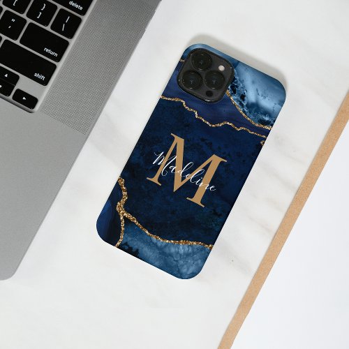 Stylish Navy Blue Agate Geode Gold Script Monogram iPhone 14 Case