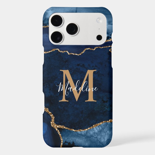 Stylish Navy Blue Agate Geode Gold Script Monogram iPhone Case (Back)