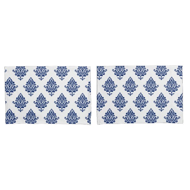Stylish Navy Blue and White Damask Patterned Pillow Case (Front-Set)