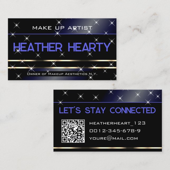 Stylish Navy Blue Black Gold Glitter Stars QR Code Business Card (Front/Back)