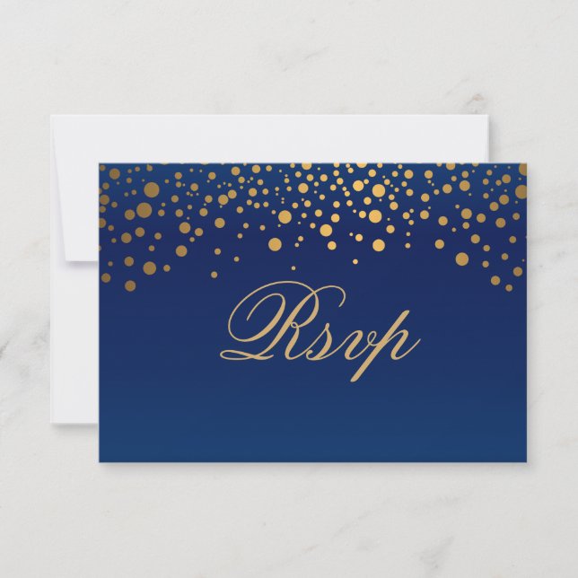 Stylish Navy Blue & Confetti Gold Dot Wedding RSVP Card (Front)