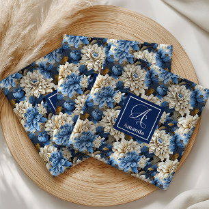 Stylish Navy Blue Flowers Custom Name Cloth Napkin