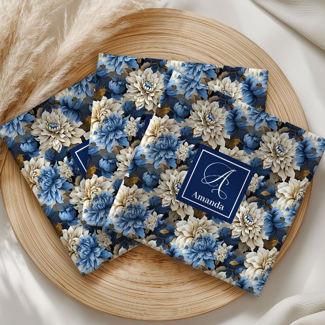 Stylish Navy Blue Flowers Custom Name Cloth Napkin (Stylish Navy Blue Flowers Custom Name Cloth Napkins)