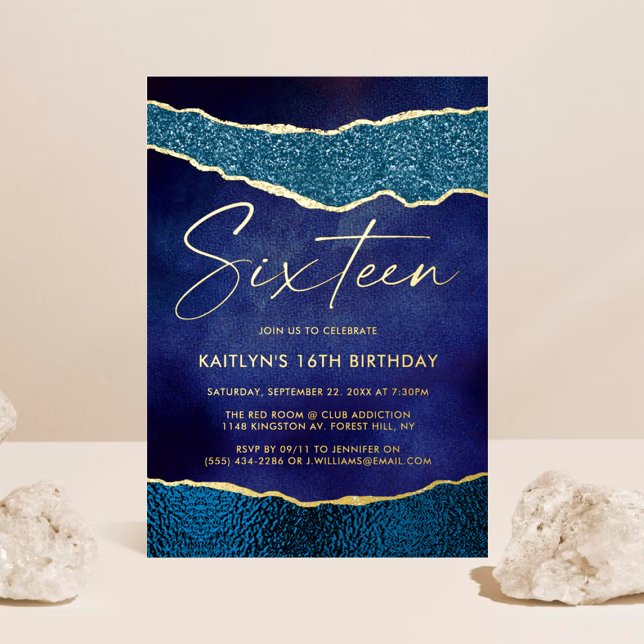 Stylish Navy Blue Geoed Agate 16th Birthday Real Foil Invitation (Creator Uploaded)