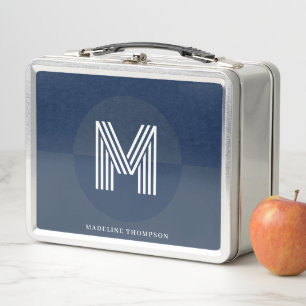Stylish Navy Blue Geometric Modern Monogram Metal Lunch Box