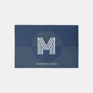 Stylish Navy Blue Geometric Modern Monogram Outdoor Rug