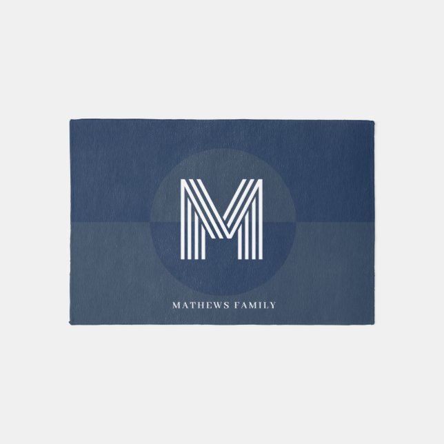 Stylish Navy Blue Geometric Modern Monogram Outdoor Rug (Front)