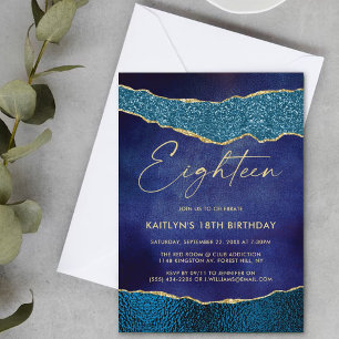 Stylish Navy Blue & Gold Agate 18th Birthday Invitation