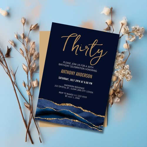 Stylish Navy Blue Gold Agate 30th Birthday Party  Invitation