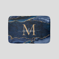 Stylish Navy Blue Gold Agate Geode Chic Monogram Bath Mat