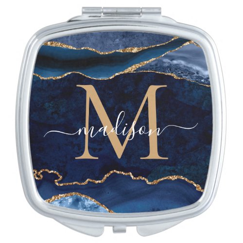 Stylish Navy Blue Gold Agate Geode Chic Monogram Compact Mirror
