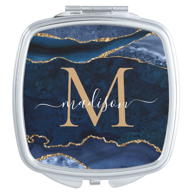 Stylish Navy Blue Gold Agate Geode Chic Monogram Compact Mirror (Front)