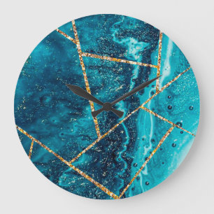 Stylish Navy Blue Gold Agate Geode Chic Monogram Large Clock