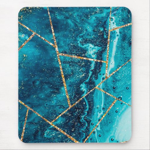 Stylish Navy Blue Gold Agate Geode Chic Monogram Mouse Pad