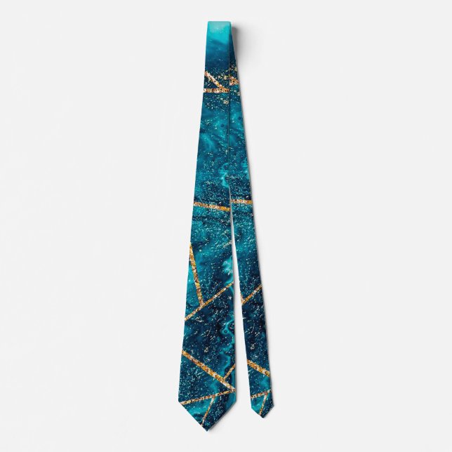 Stylish Navy Blue Gold Agate Geode Chic Monogram Neck Tie (Front)