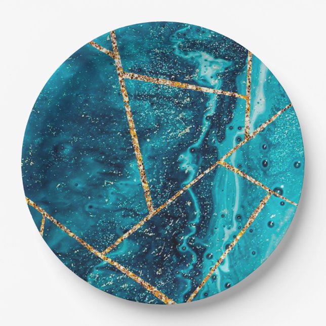 Stylish Navy Blue Gold Agate Geode Chic Monogram Paper Plates (Front)