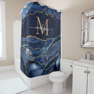 Stylish Navy Blue Gold Agate Geode Chic Monogram Shower Curtain at Zazzle