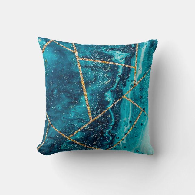 Stylish Navy Blue Gold Agate Geode Chic Monogram Throw Pillow (Front)