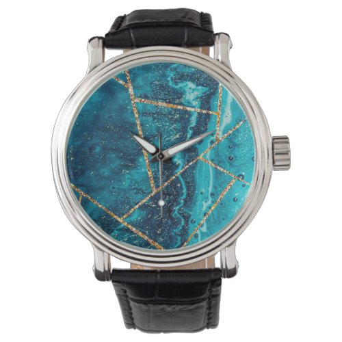 Stylish Navy Blue Gold Agate Geode Chic Monogram Watch