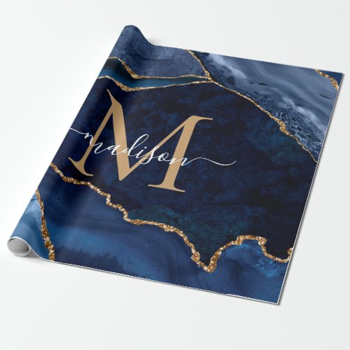 Stylish Navy Blue Gold Agate Geode Chic Monogram Wrapping Paper