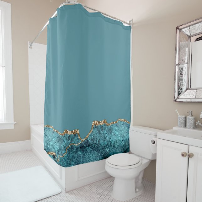 Stylish Navy Blue Gold Agate Geode Chic Shower Curtain (In Situ)