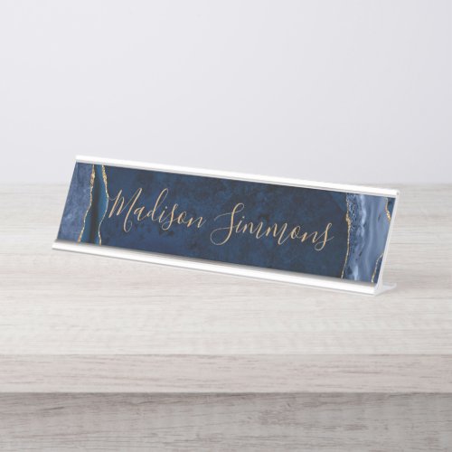 Stylish Navy Blue Gold Agate Geode Feminine Script Desk Name Plate