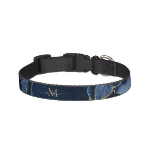 Stylish Navy Blue Gold Agate Glitter Glam Monogram Pet Collar