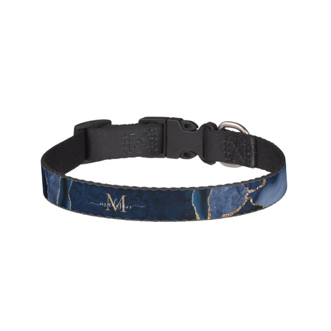 Stylish Navy Blue Gold Agate Glitter Glam Monogram Pet Collar (Front)