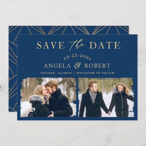 Stylish Navy Blue Gold Brush Stroke Frame 2 Photo Save The Date - Stylish Navy Blue Gold Brush Stroke 2 Photo Save the Date Card. 
(1) For further customization, please click the "customize further" link and use our design tool to modify this template. 
(2) If you prefer Thicker papers / Matte Finish, you may consider to choose the Matte Paper Type.